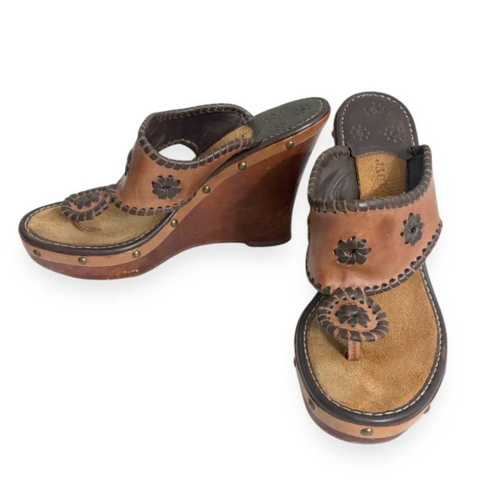 JACK ROGERS Marbella Wooden Wedge Whipstitched Leather Sandals
